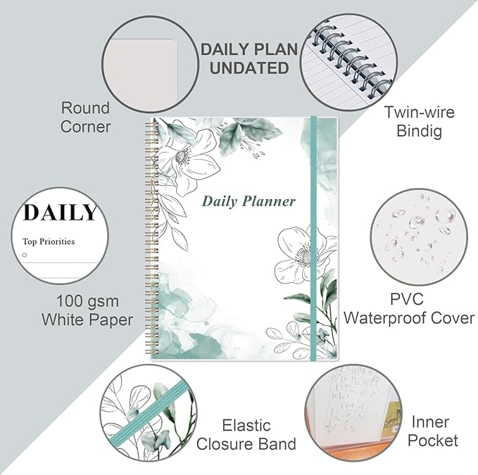 Daily Planner Undated - 8.5" x 11" To Do List Notebook Hourly Schedules, 150 Sheets/300 Pages Spiral Appointment Planner for Women and Men,PVC Hardcover, Inner Pocket, Elastic Closure, Teal Flowers-CubbioJoy