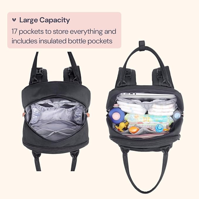 BabbleRoo Diaper Bag Backpack - Baby Essentials Travel Tote - Multi Function Waterproof Diaper Bag, Travel Essentials Baby Bag with Changing Pad, Stroller Straps & Pacifier Case - Unisex, Black-CubbioJoy