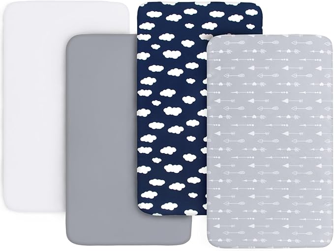 4-Pack Fitted Mini Crib Sheets for Boys and Girls - Breathable, Soft Microfiber Baby Sheets in Grey, Navy and White-CubbioJoy