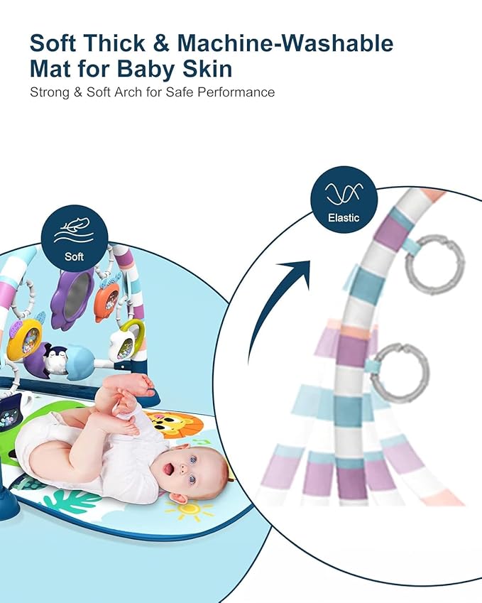 dearlomum Baby Play Mat Baby Gym,Funny Play Piano Tummy Time Baby Activity Mat with 5 Infant Sensory Baby Toys, Music and Lights Boy & Girl Gifts for Newborn Baby 0 to 3 6 9 12 Months（New Blue）-CubbioJoy