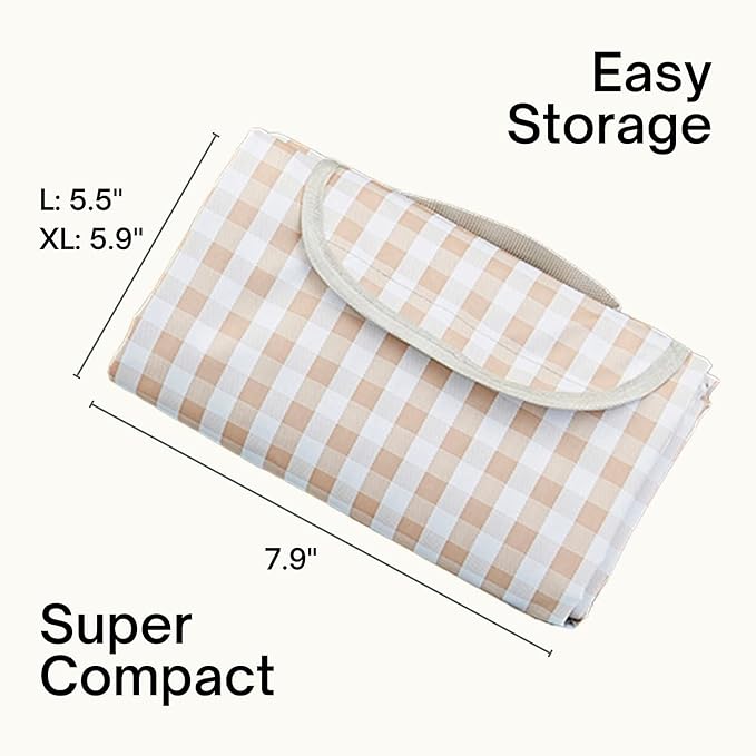 Cute Gingham Picnic Blanket, Waterproof Foldable, in Large 80x60in and Extra Large 80x80in, Portable Compact Beach Blanket, Oversized XL Outdoor Mat (Tan, X-Large)-CubbioJoy