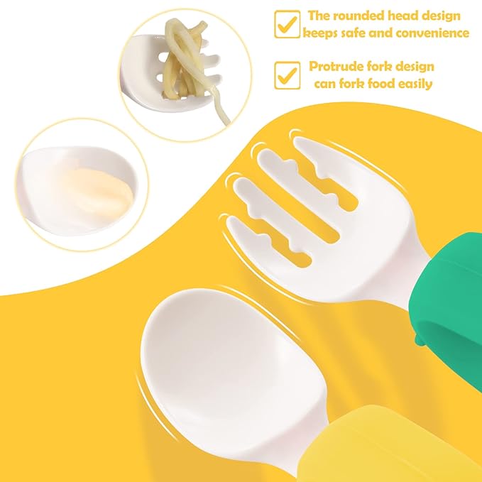Baby Self Feeding Training Spoon and Fork Set with Travel Case, BPA-Free Cute Circle Toddler Training Utensils, Silicone/ABS Great Tableware Set Spoons Fork for Kids(Deep Green & Light Yellow)-CubbioJoy