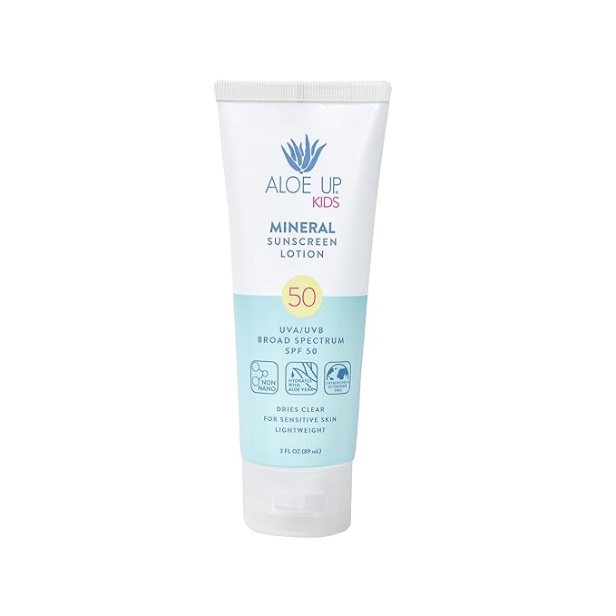 Aloe Up Kids Broad Spectrum Mineral Sunscreen Lotion SPF 50 - Face and Body Sunblock for Sensitive Skin - With Gen2 Zinc Oxide and Aloe Vera - Dries Clear - Reef Safe - Fragrance-Free - 3 Oz-CubbioJoy
