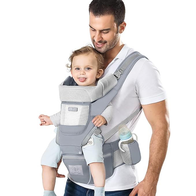 Baby Carrier Ergonomic Infant Carrier with Hip Seat Kangaroo Bag Soft Baby Carrier Newborn to Toddler 7-45lbs Front and Back Baby Holder Carrier for Men Dad Mom (Grey)-CubbioJoy