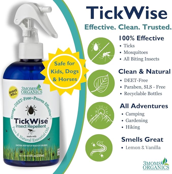 3 Moms Organics TickWise 8oz, Made with All Natural Essential Oils, DEET-Free, Tick and Insect Repellent, Plant Based Essential Oils, All Natural Ingredients Great for Adults, Kids, Dogs & Horses-CubbioJoy
