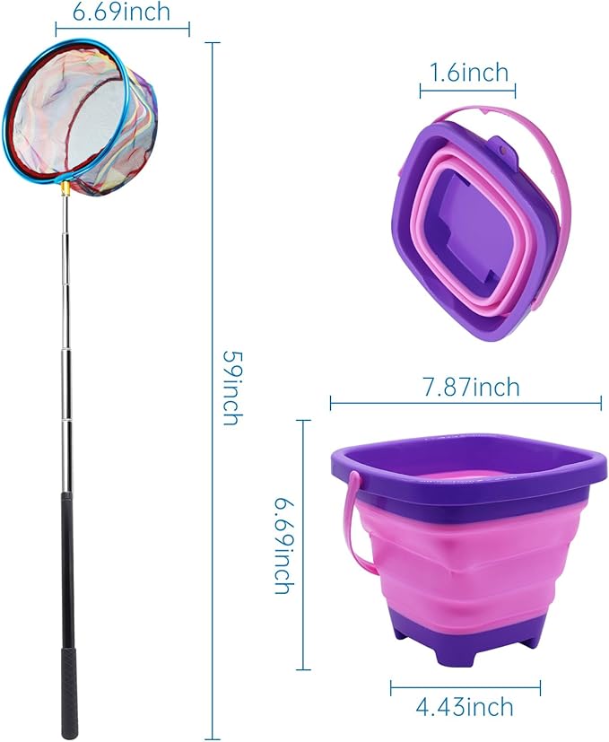 2PCS Fishing Net with Bucket, Telescopic Fishing Landing Net, Collapsible Kids Sand Bucket, Kids Fish Butterfly Catching for Freshwater Saltwater Outdoor Activities-CubbioJoy