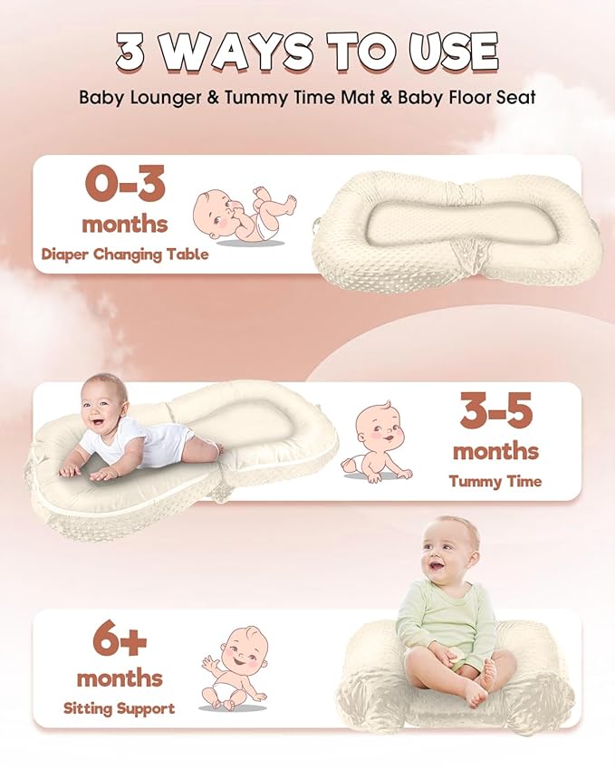 Baby Lounger Pillow 3-in-1 Infant Lounger Pillow for Newborn 0-24 Months, Portable Tummy Time Mat for Home and Travel, Breathable & Soft Baby Seat for Baby-CubbioJoy
