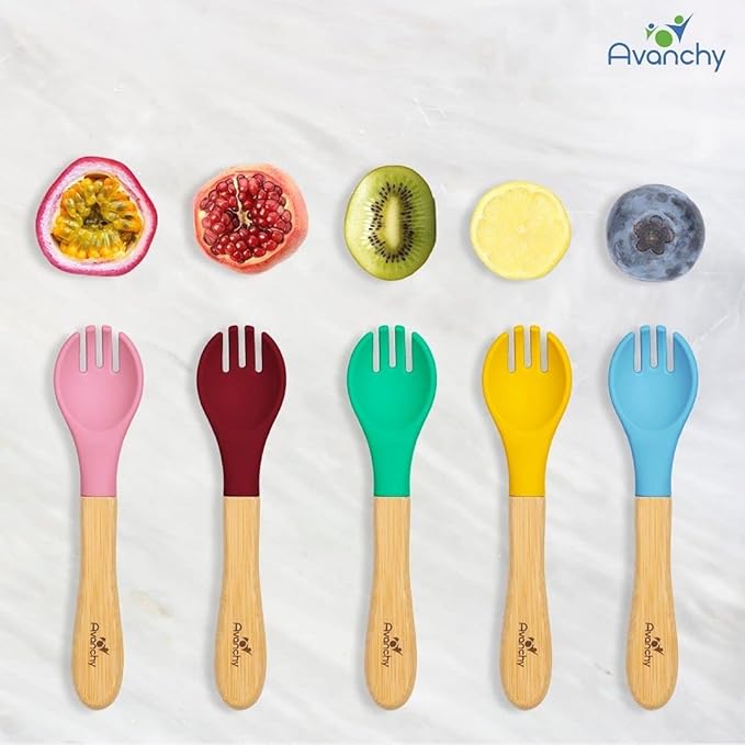 Avanchy Baby Fork Set, Bamboo and Silicone Spork Utensils, Toddler Baby Led Weaning Silverware Cutlery Flatware, Kids First Self Feeding-CubbioJoy