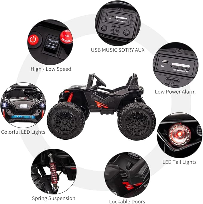 2 Seaters 24V Ride on UTV with Remote Control,10AH Battery, 400W Powerful Motors with 17" EVA Wheels, 20.5“ Seat Width Electric Ride Toy with Metal Suspension,LED Lights,Music,Horn (Black)-CubbioJoy