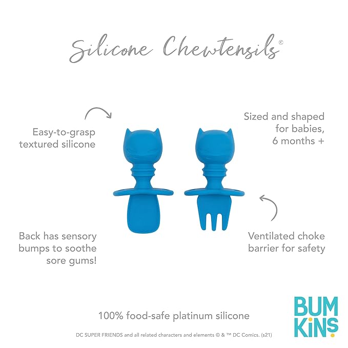 Bumkins Baby Utensils Set, Chewtensils Silicone Spoons for Dipping, Self-Feeding, Baby Led Weaning, Trainer Learning, First Stage Eating, Soft Practice Fork and Spoon, 6 Months, Batman Blue-CubbioJoy