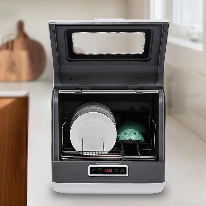 800W Portable Countertop Dishwasher, 110V Automatic Mini Dishwasher Machine with 3 Washing Programs, 360° Rotating Spray Air Drying Function for House Dorm Apartment RV-CubbioJoy