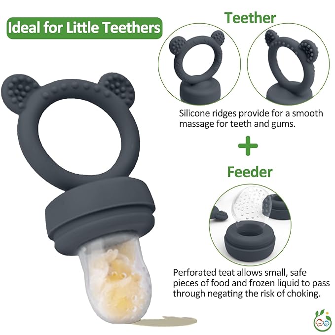 JEXFUN Silicone Baby Food Feeders + Freezer Tray for Batch Prep, Introduce New Foods Safely, Double as Silicone Teething Toys, BPA Free Silicone Feeder for Safe Infant Self Feeding - (Dark Grey)-CubbioJoy