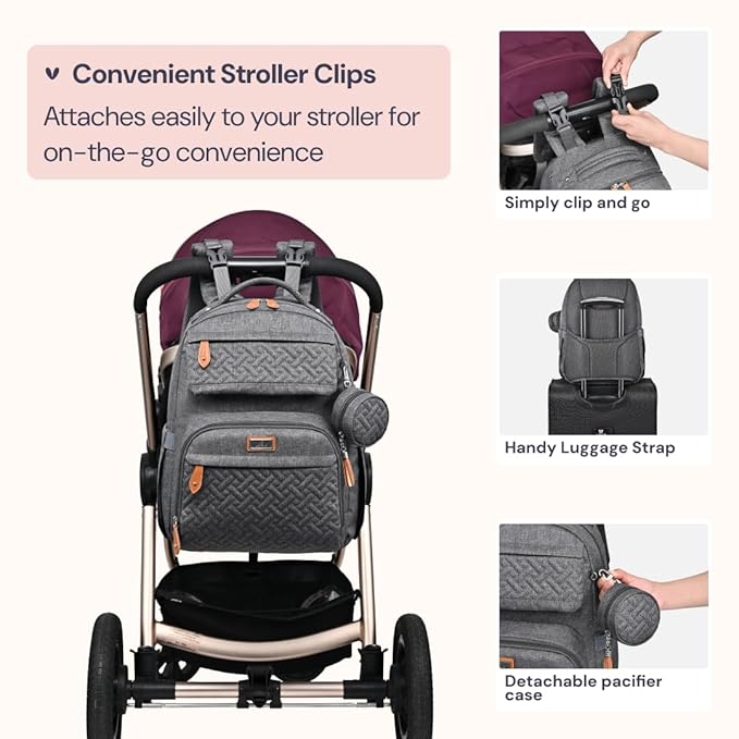 BabbleRoo Diaper Bag Backpack, Travel Backpack with Changing Pad, Pacifier Case & Stroller Straps, Multifunction, Waterproof, Unisex - Dark Gray-CubbioJoy
