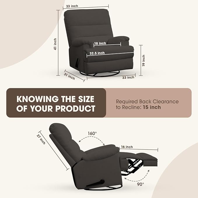 Dark Grey Glider Rocker Recliner,Swivel Rocking Recliner Chair,Glider Rocking Chair,Reclining Sofa Rocking Chair Nursery,23 Inches Deep Seat & 27 inches High Back,for Living Room-CubbioJoy