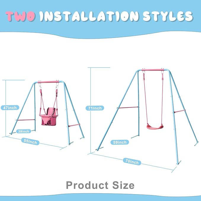 2-in-1 Toddler Swing Set with Metal Stand, Safety Belt & 4 Anchors - A-Frame Swing for Kids 6 Months+ (Pink, Indoor/Outdoor Backyard Playground)-CubbioJoy