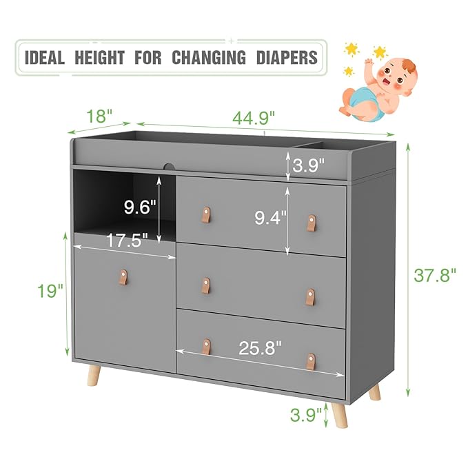 Baby Dresser Changing Table with Drawers,Shelf,Hidden Laundry Basket Storage,2 in 1 Nursery Dresser Chest for Infants, Baby Diaper Changing Station for Daycare,Bedroom,Grey-CubbioJoy