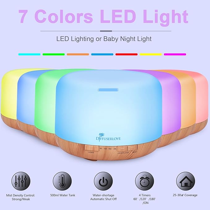 Diffuserlove Diffuser Essential Oil Diffusers 500ML Remote Control Aroma Diffuser Cool Mist Aromatherapy Diffuser with Mute Design, Timer and Auto Shut-Off for Office Living Room Yellow-CubbioJoy