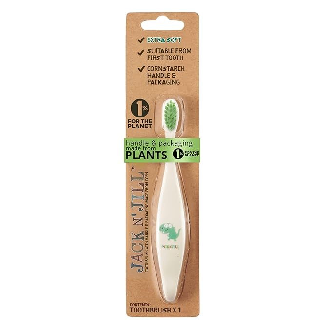 Jack N' Jill Kids Toothbrush - Extra Soft Bristle Toothbrush for Kids, Handle & Packaging Made from Plants (Corn), Ergonomic Handle for Little Hands - Dino Baby (1 Pack)-CubbioJoy