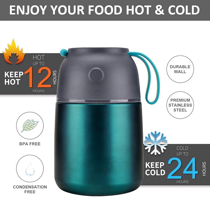 Insulated Thermo Food Jar for Hot & Cold Food for Kids Adult, 17 oz Soup Thermal Hot Food Containers for Lunch, Triple Layer Insulation Stainless Steel Food Jar with Spoon (Green)-CubbioJoy