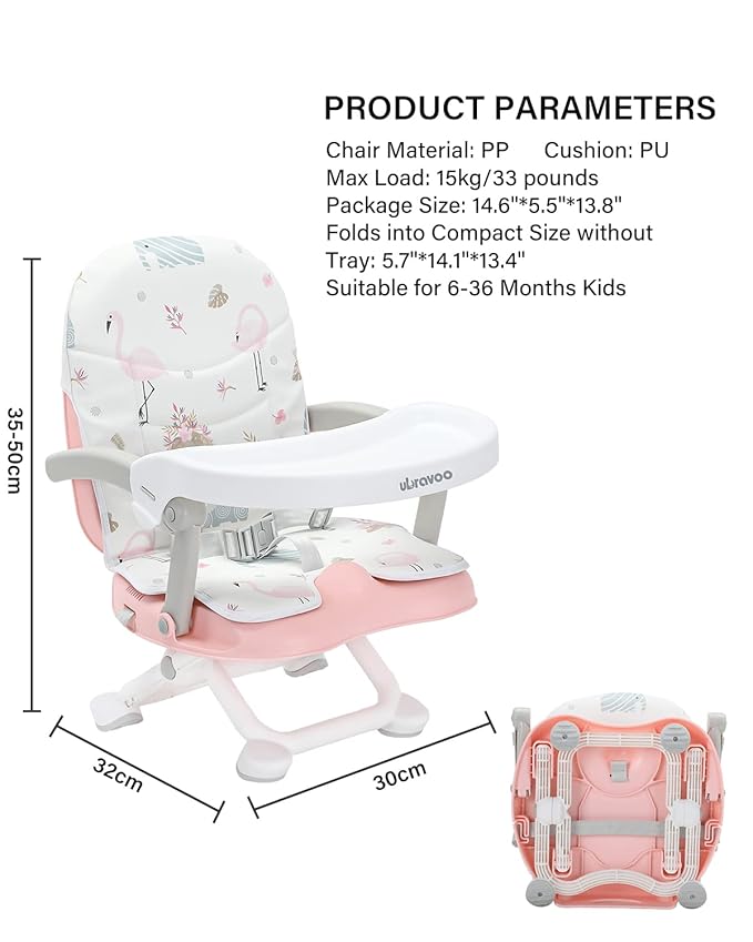 2in1 Portable Toddler Booster Seat, Grow with Baby Booster Seat for Dining Table with Removable Tray & Seat Pad, high Chair for Travel, ACE1013 Pink Flamingos-CubbioJoy