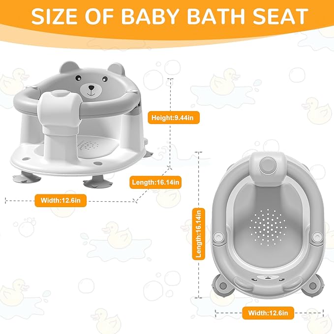 Baby Bath Seat for Babies 6 Months & up, Non-Slip Toddler Bath Seats for Babies Sitting Up, Safe Infant & Newborn Bathtub Chair with 4 Suction Cups & Soft Cushion for Shower,Gray-CubbioJoy
