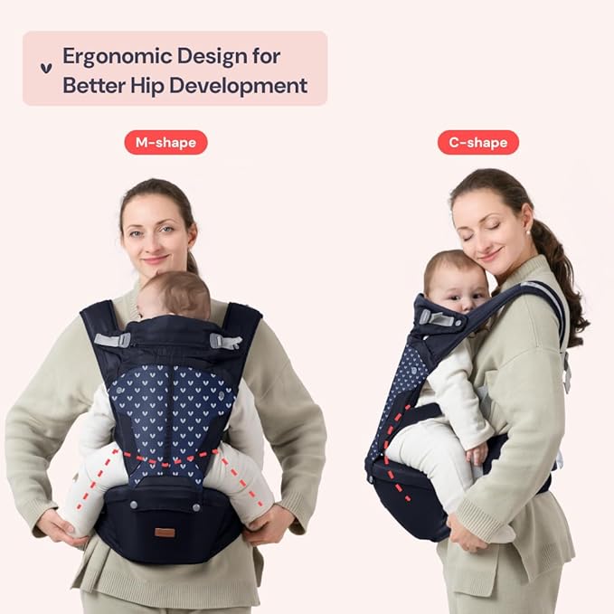 BabbleRoo Grow Carrier – Safety-Certified 6-in-1 Baby Carrier with Hip Seat, Ergonomic & Adjustable Toddler Carrier 7-50 lbs with Hip Support, Hood for Sun Protection, Newborn to Toddler, Navy Hearts-CubbioJoy