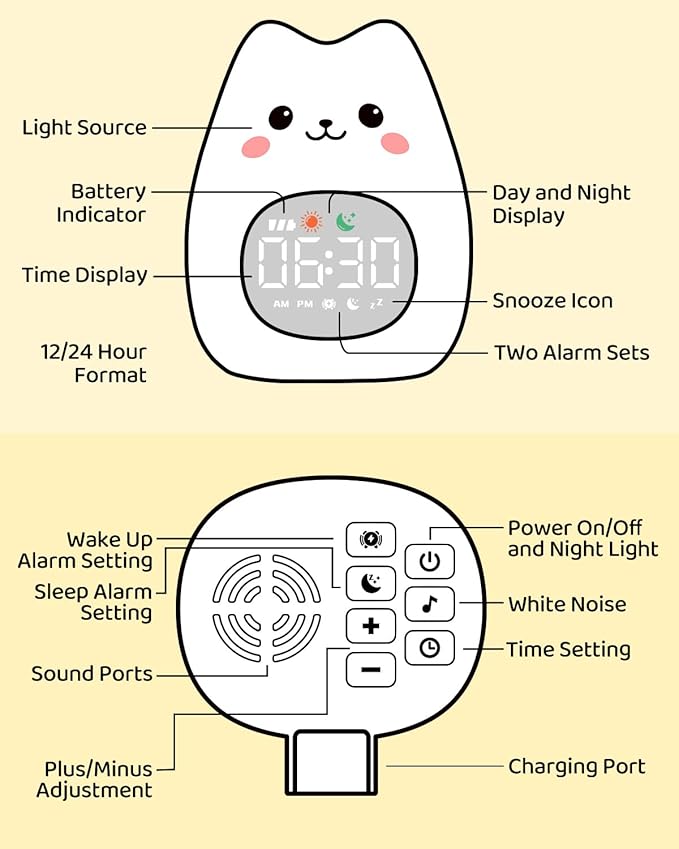 Cat Alarm Clock for Kids with Night Light, Sleep Training Clock Time to Wake Clock, Rechargeable Silicone Light for Bedroom, Perfect Sleep Companion for Boys Girls-CubbioJoy
