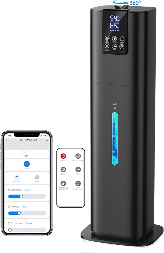 8L Smart Humidifiers for Bedroom Large Room, 2.1Gal Cool Mist Top Fill Diffuser Ambient Light, App & Remote Control, 3 Mist Modes, Quiet Humidifier for Home Office Plant (Black)-CubbioJoy