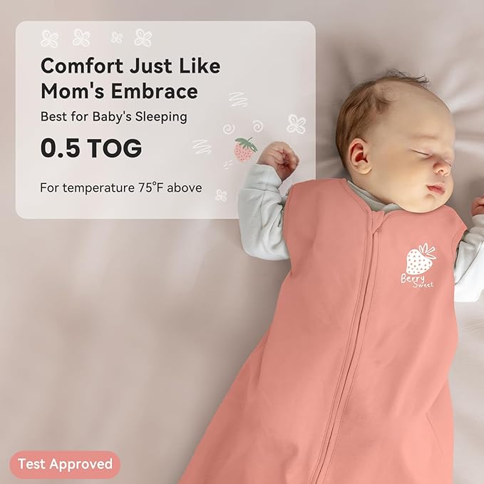 Baby Sleep Sack 6-12 Months 0.5 Tog Wearable Blanket Baby, 3 Pack 100% Cotton Lightweight Sleeping Sack with 2-Way Zipper for Newborn Infant Strawberry-CubbioJoy