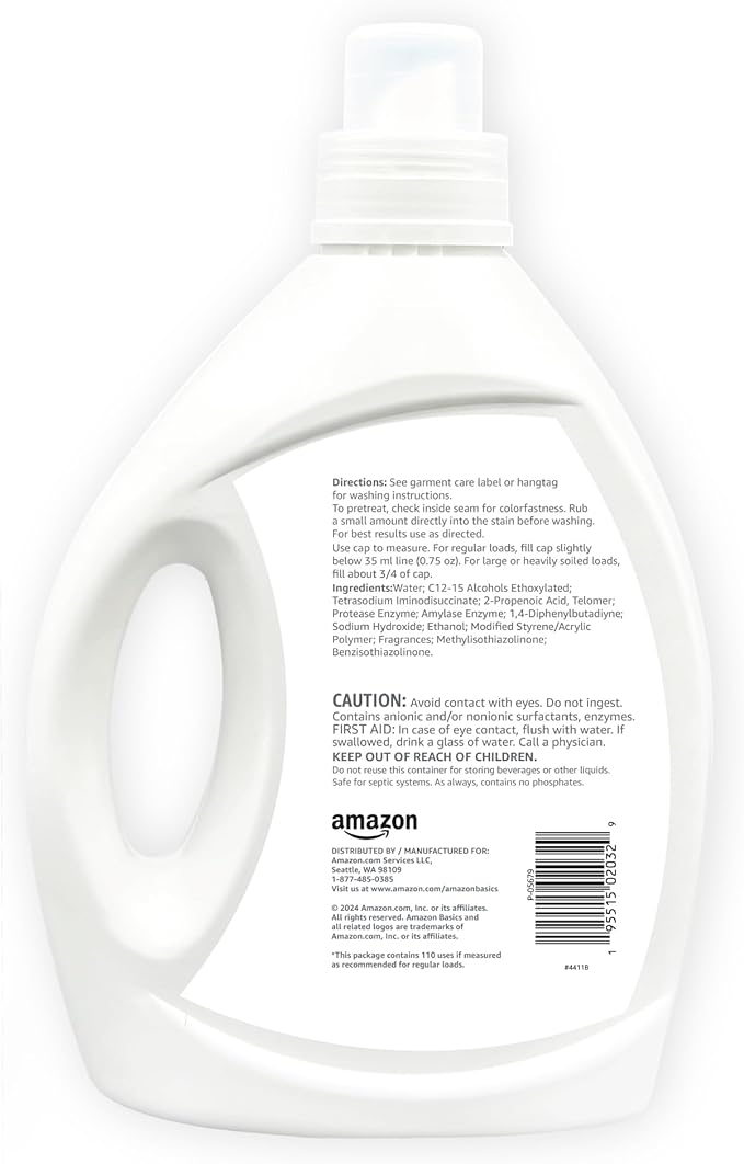 Amazon Basics Concentrated Liquid Laundry Detergent, Free of Perfumes & Clear of Dyes, 110 loads, 82.5 Fl Oz (Previously Solimo)-CubbioJoy