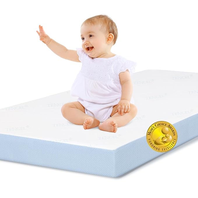 BABELIO Toddler Mattress for Crib Memory Foam 2 Stage Standard Size, with Removable Waterproof Cover Blue and White-CubbioJoy