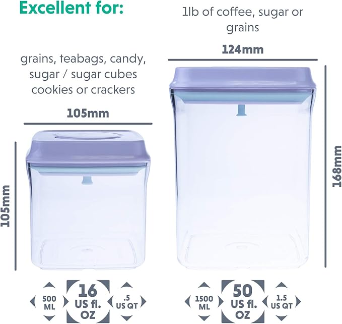 BopTop (2pc Set) Airtight Food Storage Container – Mechanical Silicone Seal Canister - BPA-Free Stackable - 1.5Qt/.5Qt-CubbioJoy