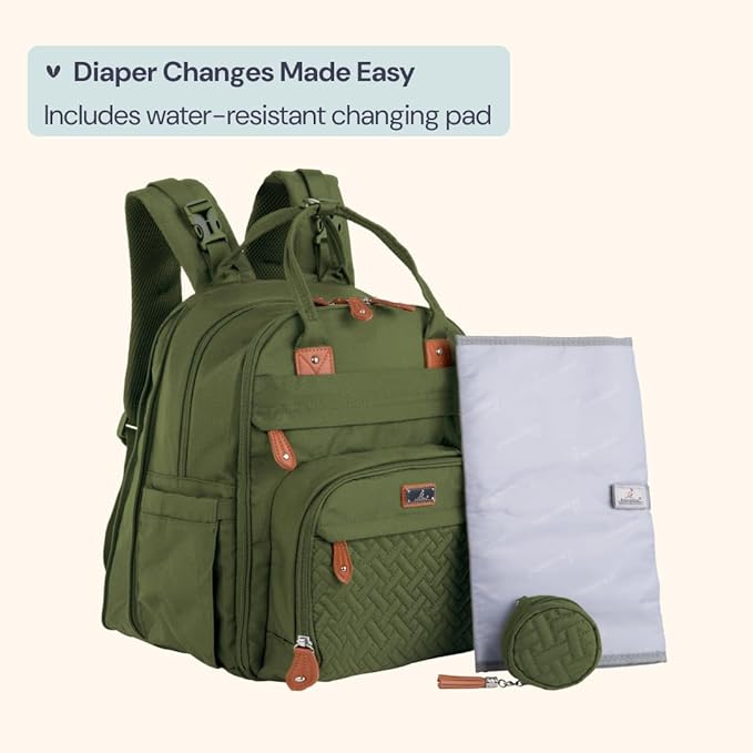 BabbleRoo Extra Large Diaper Bag Backpack, Expandable Baby Bag with Up to 50% More Capacity - Travel Essentials Baby Bag Tote with Changing Pad, Stroller Straps & Pacifier Case - Unisex, Forest Green-CubbioJoy