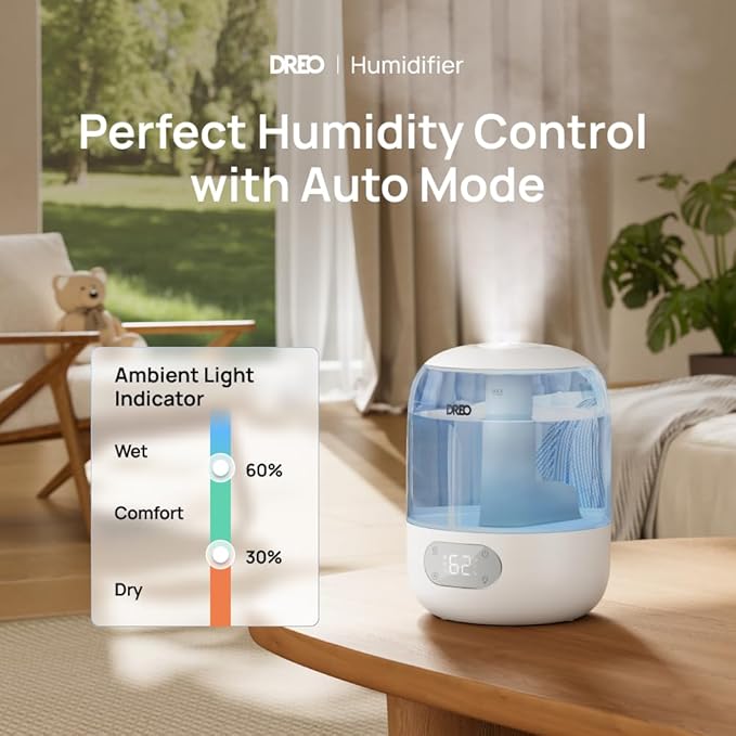 Dreo Humidifiers for Bedroom, Cool Mist Ultrasonic Humidifiers with 30Hr Runtime, Top Fill 3L Tank, Easy Clean, Humidity Sensor, Night Light for Baby, Nursery, 360° Nozzle for Plants and Home, Blue-CubbioJoy