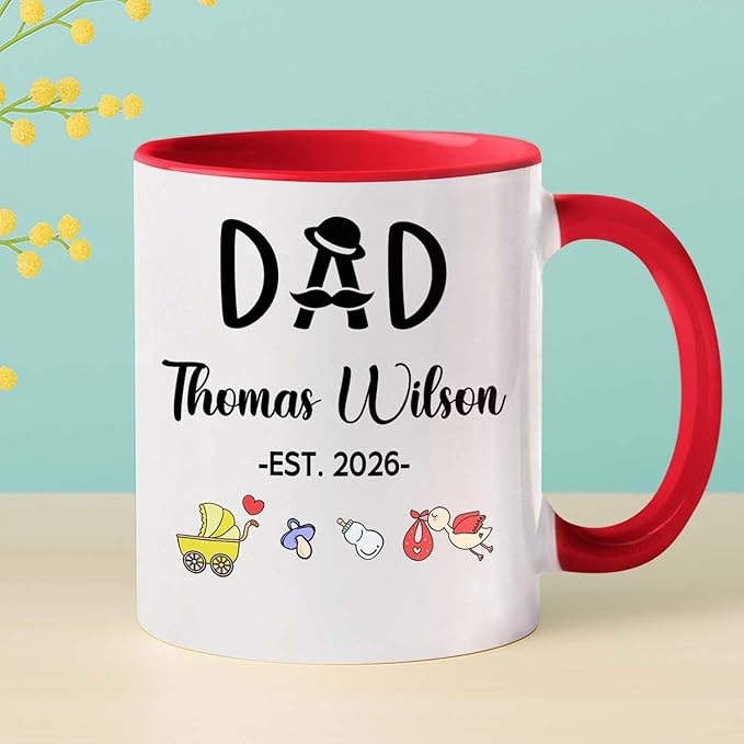 Dad EST 2026 Coffee Mug Gift For First Time Dad or Soon To Be Father, Customized Best Daddy Ever Accent Cup Gift For New Papa Father Grandfather, Personalized Year Name Papa White Ceramic Mug 11 15Oz-CubbioJoy