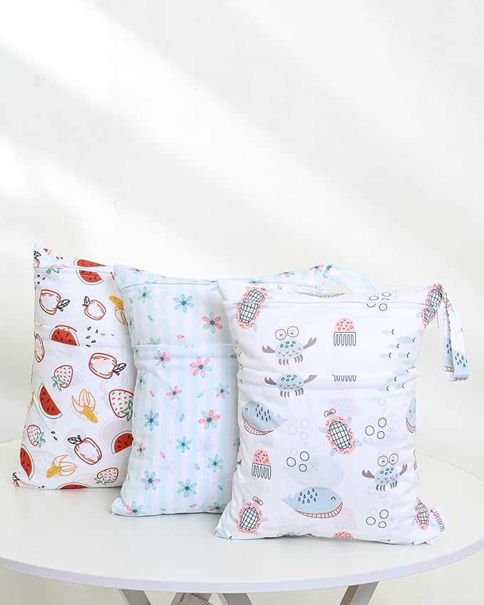 ALVABABY 3 Cloth Diaper Wet Dry Bags Waterproof Reusable with Two Zippered Pockets Travel Beach Pool Daycare Soiled Baby Items Yoga Gym Bag for Swimsuits or Wet Clothes Small Medium Large 3L-ZM27-CubbioJoy