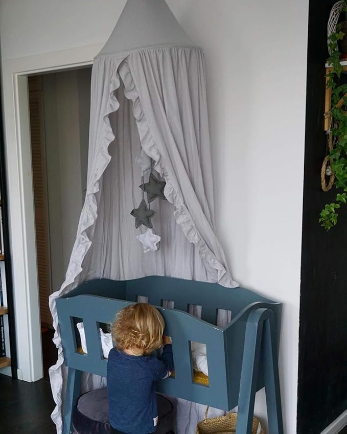 Bed Canopy with Frills Reading Nook Game Tent for Kids Boho Hanging Net Play Room Decor(Light Grey)-CubbioJoy