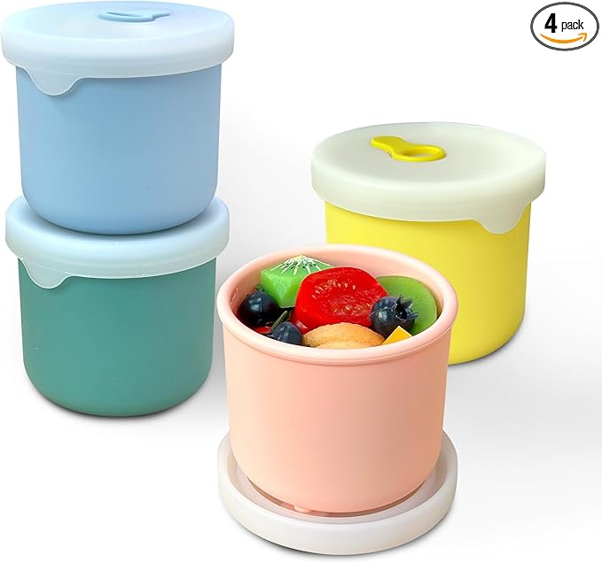8.5 OZ Silicone Food Storage Containers, Baby Food Storage Jars with Airtight Lids and Snack Cup Lid, Freezer, Microwave and Dishwasher Safe, Reusable Snack Containers for Kids, Infant, Toddler, 4 Pcs-CubbioJoy
