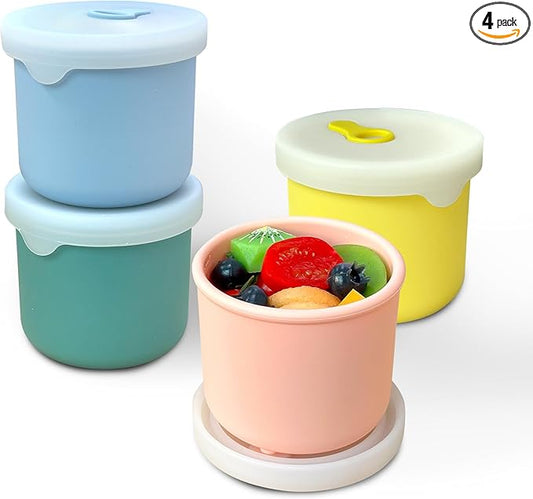 8.5 OZ Silicone Food Storage Containers, Baby Food Storage Jars with Airtight Lids and Snack Cup Lid, Freezer, Microwave and Dishwasher Safe, Reusable Snack Containers for Kids, Infant, Toddler, 4 Pcs-CubbioJoy