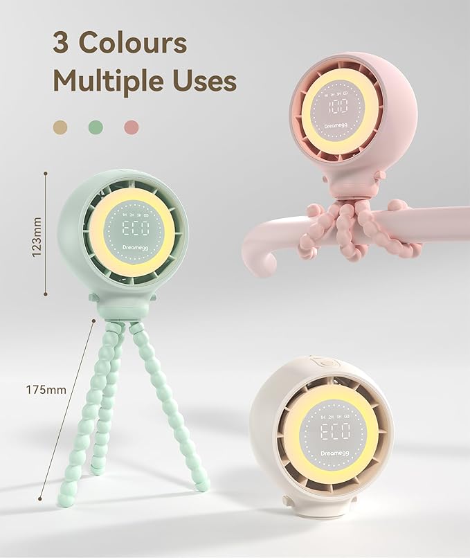 Dreamegg Portable Stroller Fan - 4000mAh Rechargeable Baby Stroller Fan With LED Display, Night Light, Hidden Blade, Detachable 4 Speed 360°Rotate, Handheld Cooling for Crib,Travel, Car Seat(Green)-CubbioJoy