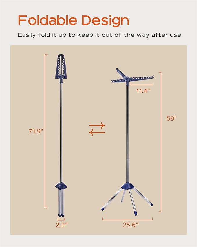 Clothes Drying Rack Foldable, 59 inch Tripod Laundry Drying Rack Indoor with Rotating Clothes Rail for 27 Pieces of Clothes, Space Saving, Blue and Silver CDR001Q01-CubbioJoy