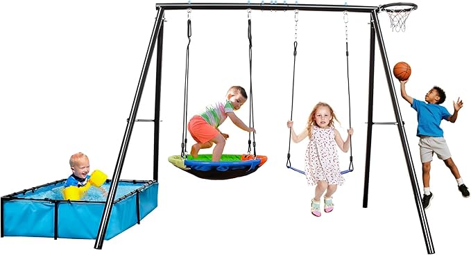 4-in-1 Heavy Duty Swing Set for Backyard – Large Metal Frame with Saucer Swing, Sandbox, Basketball Hoop & Single Swing Seat | Toddler to Kids Play Equipment | Outdoor & Indoor Use | Kids Gift-CubbioJoy