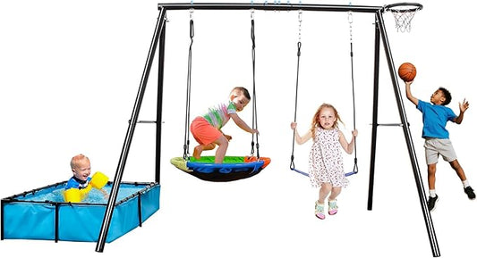 4-in-1 Heavy Duty Swing Set for Backyard – Large Metal Frame with Saucer Swing, Sandbox, Basketball Hoop & Single Swing Seat | Toddler to Kids Play Equipment | Outdoor & Indoor Use | Kids Gift-CubbioJoy