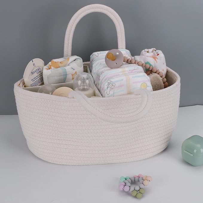 Baby Diaper Caddy Organizer for Girl Boy Cotton Rope Nursery Storage Bin Basket Portable Holder Tote Bag for Changing Table Car Travel Baby Shower Gifts Newborn Essentials Registry Must Haves White-CubbioJoy