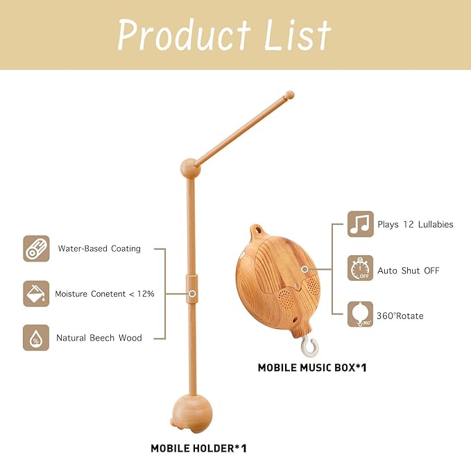 Crib Mobile Arm with Music Box,32.5 Inch Crib Mobile Stand,Wooden Mobile Arm for Crib (2 Modes,360°Adjustable,100% Beech Wood) Baby Crib Mobile for Boy and Girl-CubbioJoy