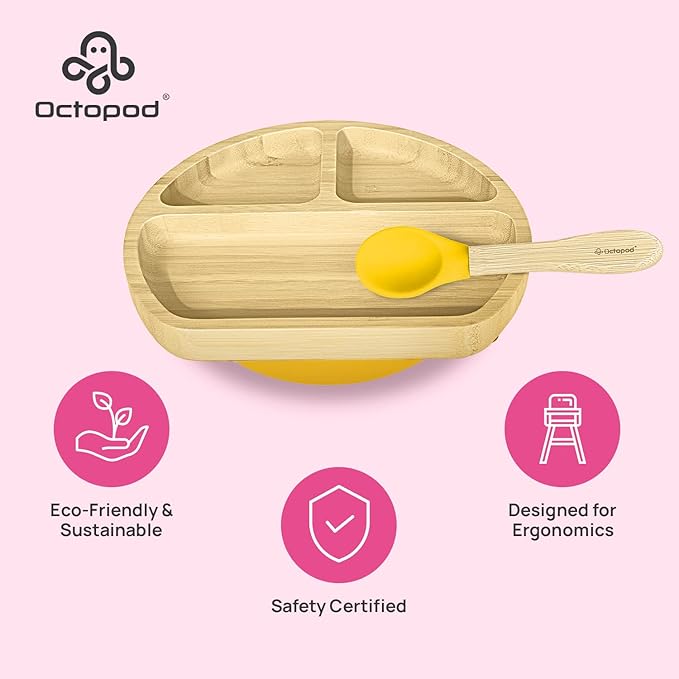 Abiie Octopod Bamboo Dish - Kids Plates for 4 months and up, 3-Compartment Baby Plates with Suction, Triangle Bamboo Baby Plate, Mess-Free Toddler Suction Plates, Baby Feeding Supplies, 8.3x1.9x7.7 in-CubbioJoy