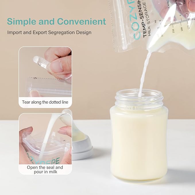 100 Pcs Breastmilk Storage Bags, 8Oz Breast Milk Storing Bag with Pour Spout, Temperature-Sensing Color Change Milk Bag for Convenient Breastfeeding, No Leak Presterilized for Freezer-CubbioJoy