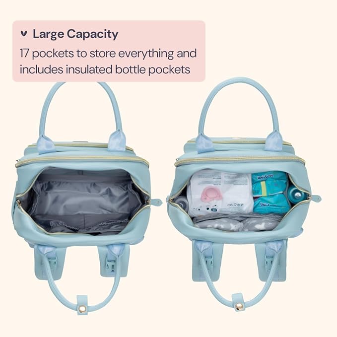 BabbleRoo Leather Diaper Bag Backpack - Baby Essentials Travel Baby Bag, Multi function, Waterproof, with Changing Pad, Stroller Straps & Pacifier Case – Unisex, Powder Blue-CubbioJoy