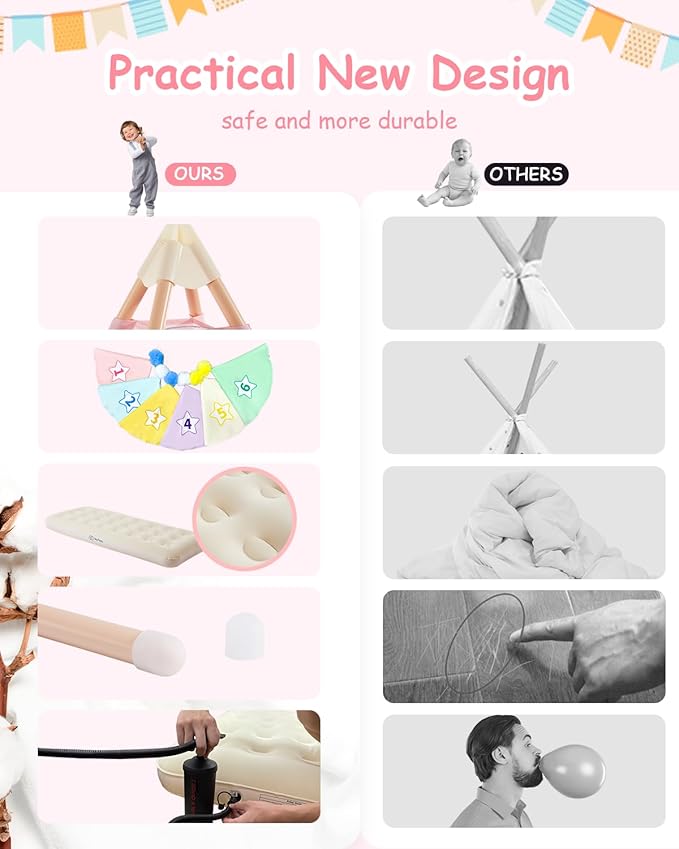 6 Pack Teepee Tent for Kids with Inflatable Airbed, Light, Toddler Tent Children Room Tents, Slumber Party Sleepover Tents, Indoor Outdoor Kids Playtent Playhouse for Girls & Boys-CubbioJoy