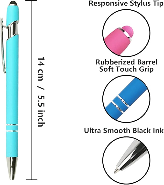Ballpoint Pen with Stylus Tip, Soft Touch Click Metal Pen, 1.0mm Medium Point, Black Ink, 12 Count(Light Blue)-CubbioJoy